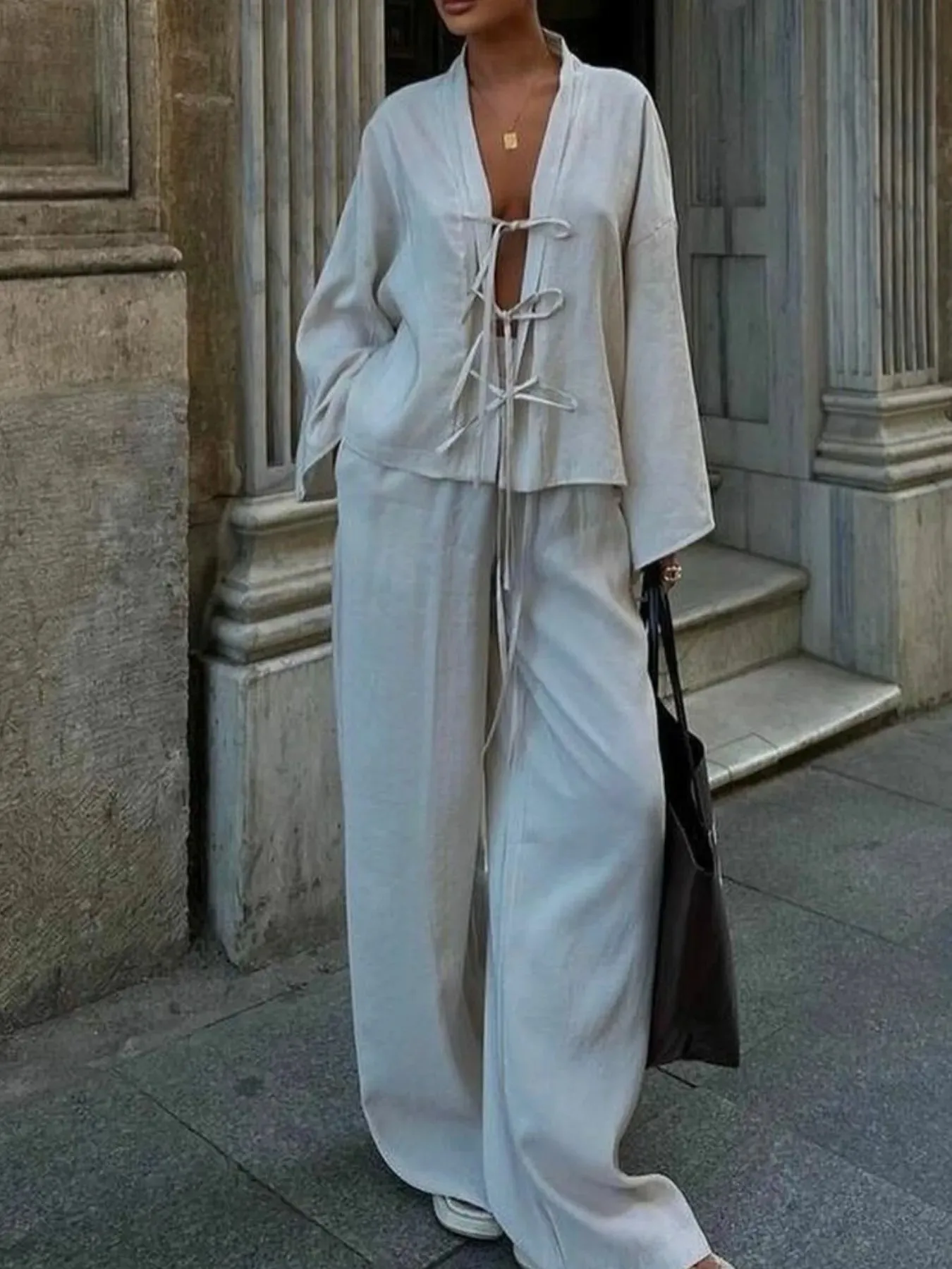 Tie Front Long Sleeve Top and Pants Set sold by Charming Charlie product image thumbnail 4