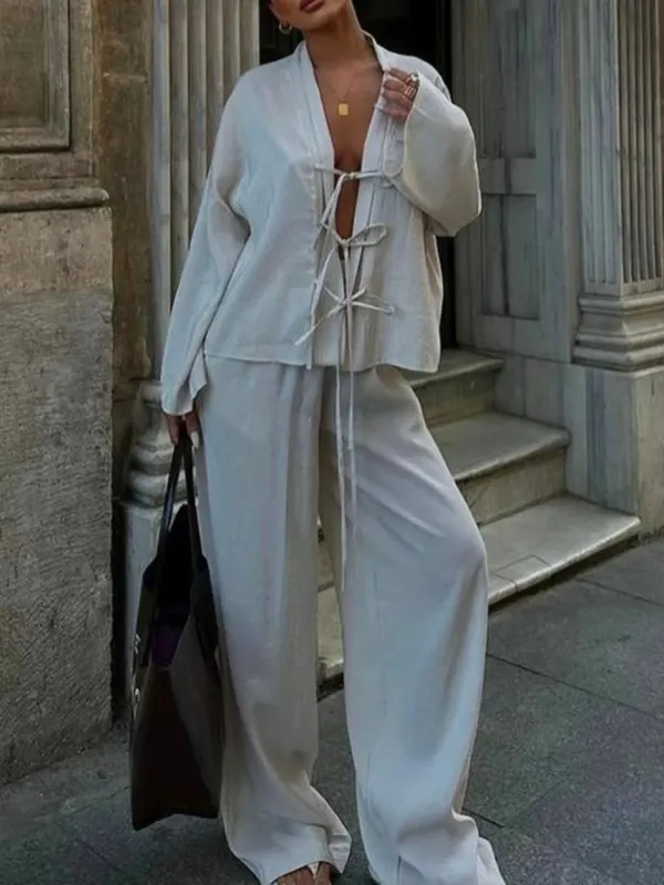 Tie Front Long Sleeve Top and Pants Set made by Charming Charlie