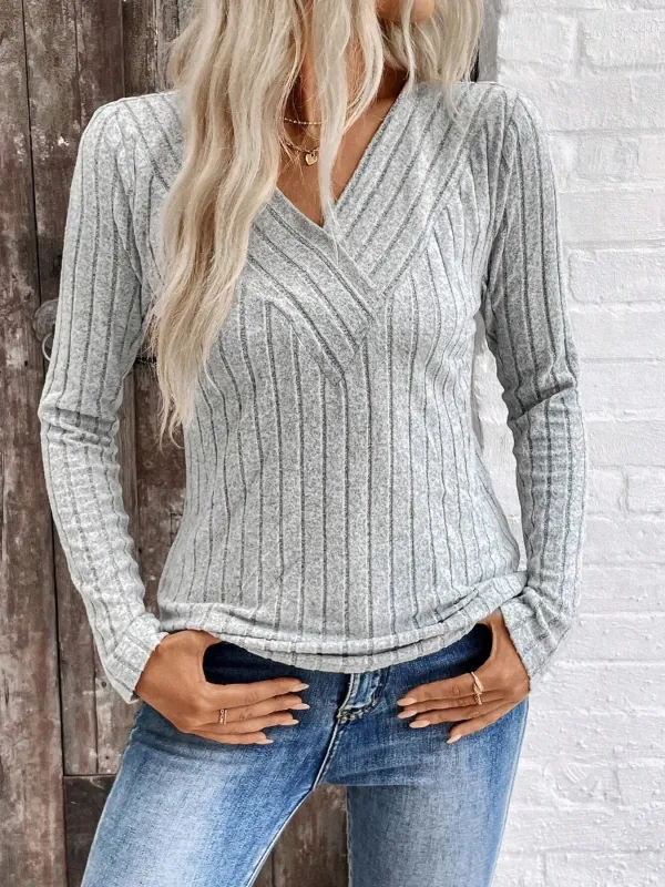 Ribbed V-Neck Long Sleeve Knit T-Shirt sold by Charming Charlie