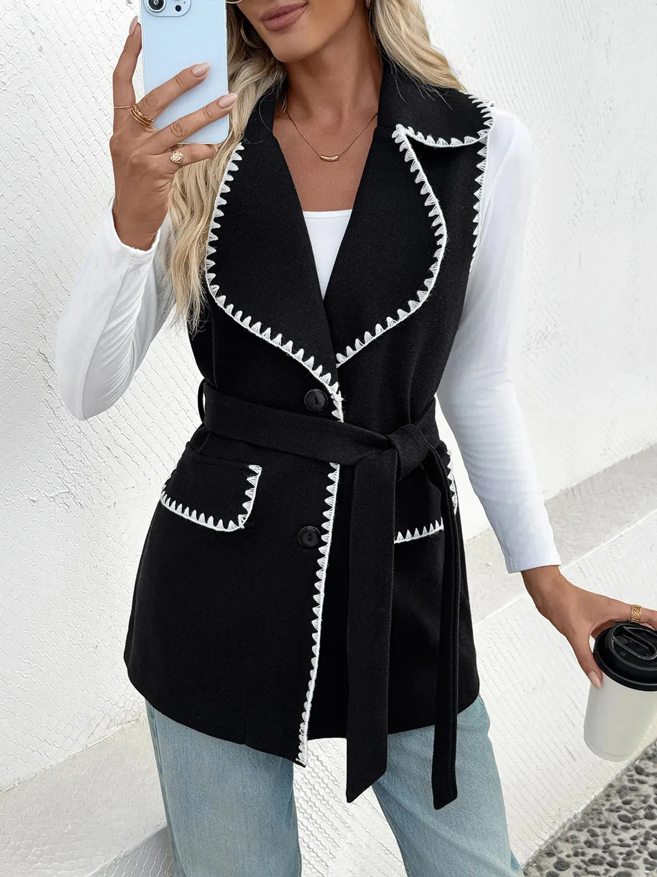 Contrast Trim Collared Neck Vest Coat sold by Charming Charlie product image thumbnail 4