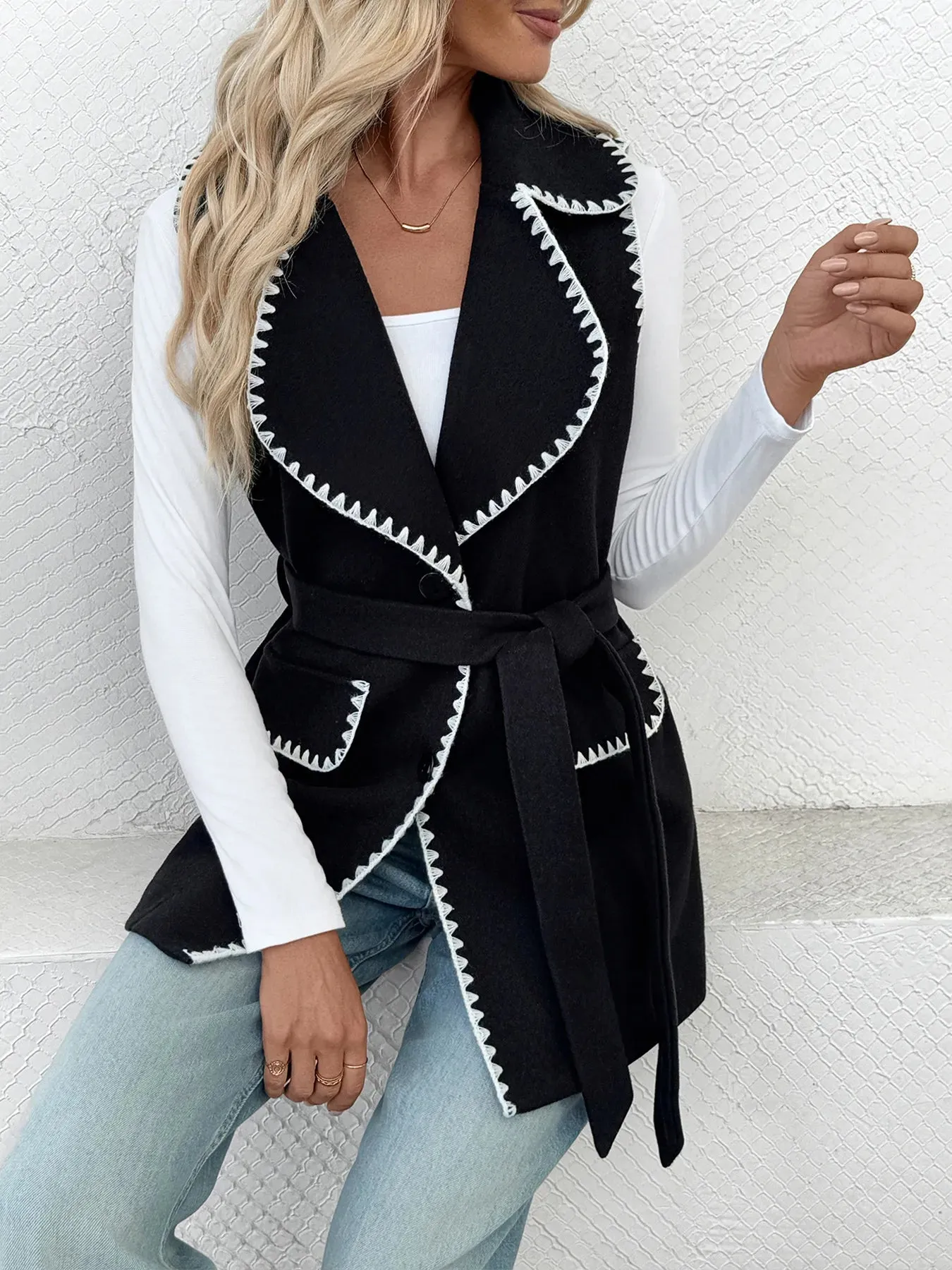 Contrast Trim Collared Neck Vest Coat sold by Charming Charlie product image thumbnail 5