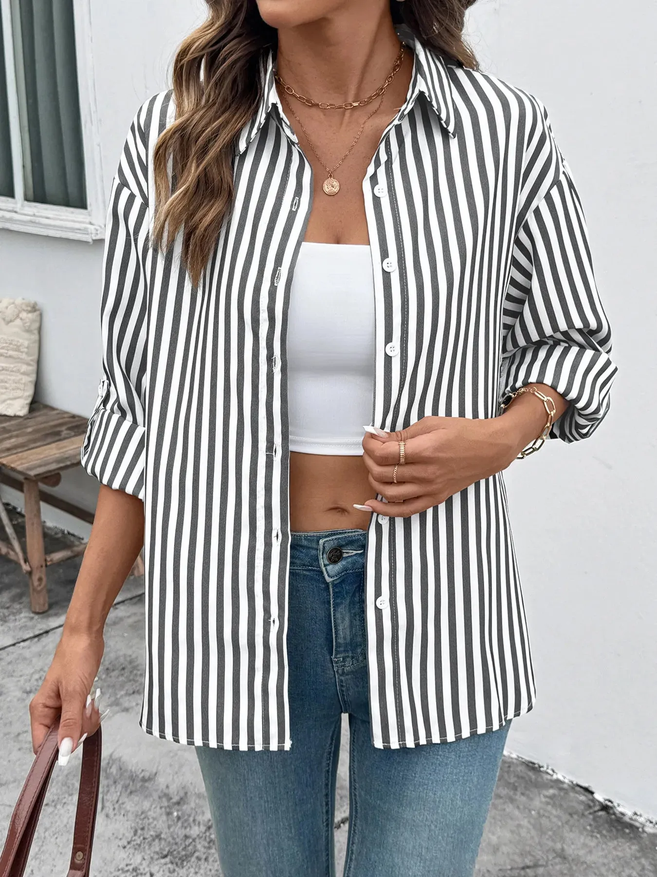 Striped Oversized Button-Up Shirt sold by Charming Charlie product image thumbnail 2