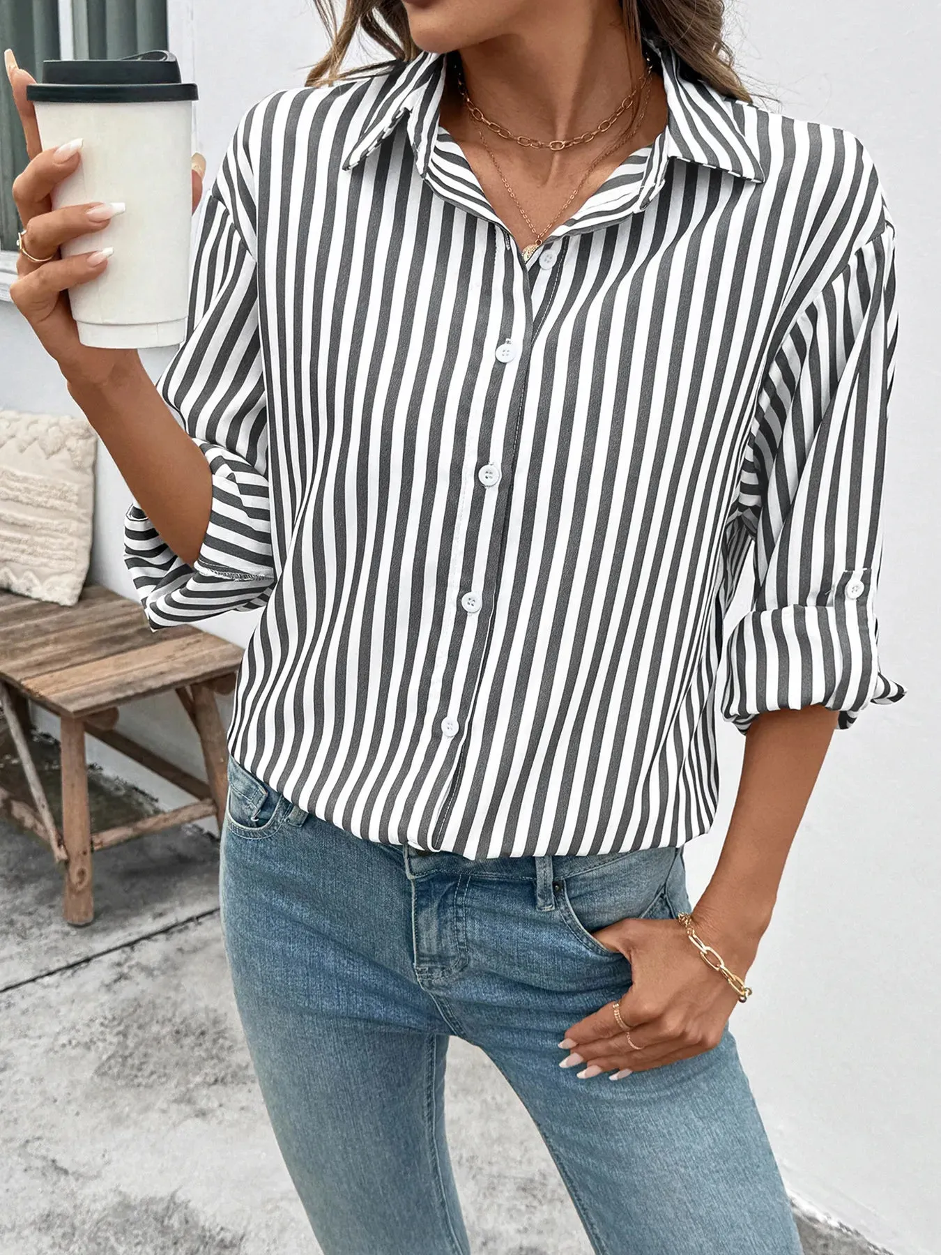 Striped Oversized Button-Up Shirt sold by Charming Charlie product image thumbnail 3