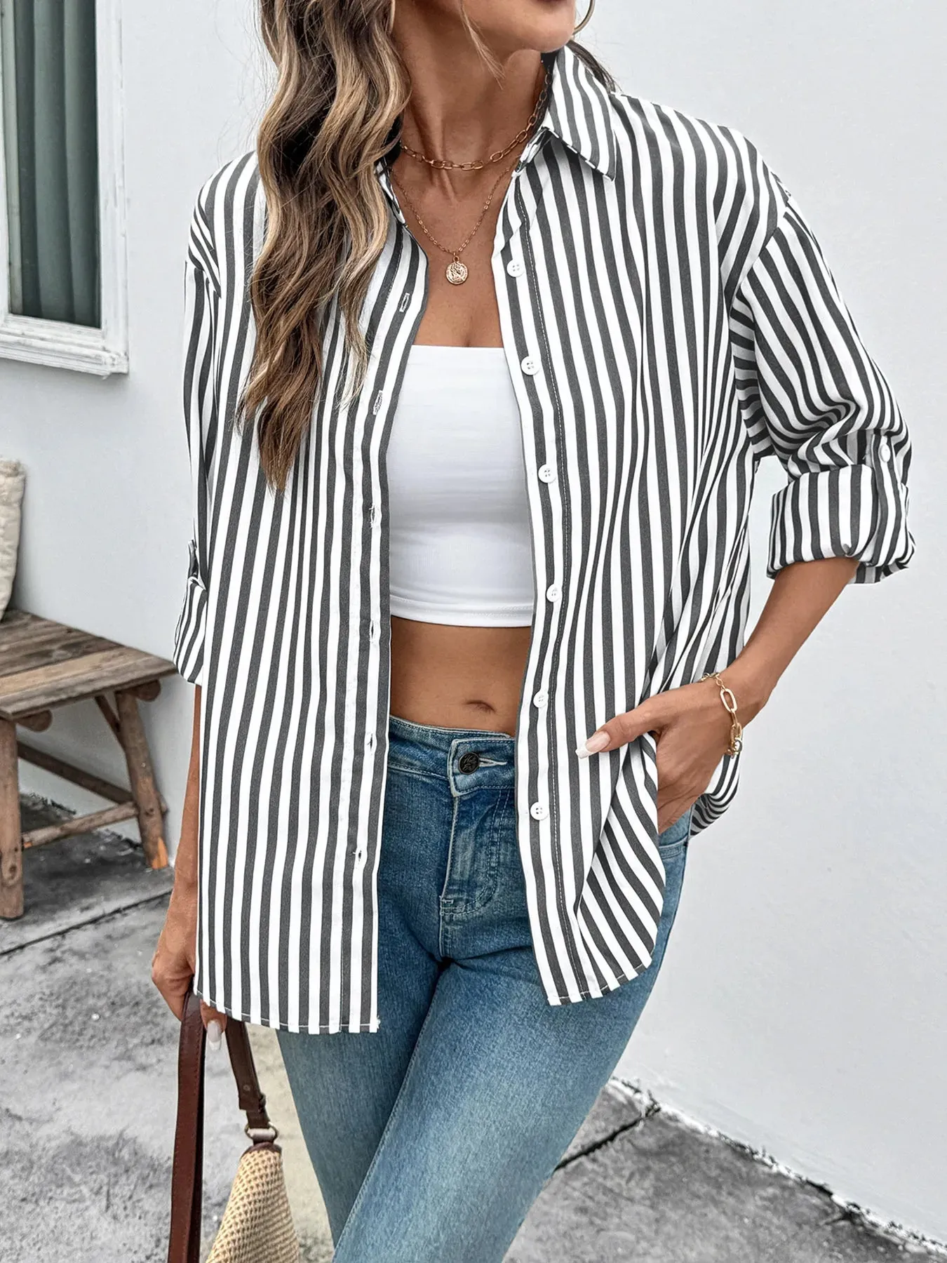 Striped Oversized Button-Up Shirt sold by Charming Charlie