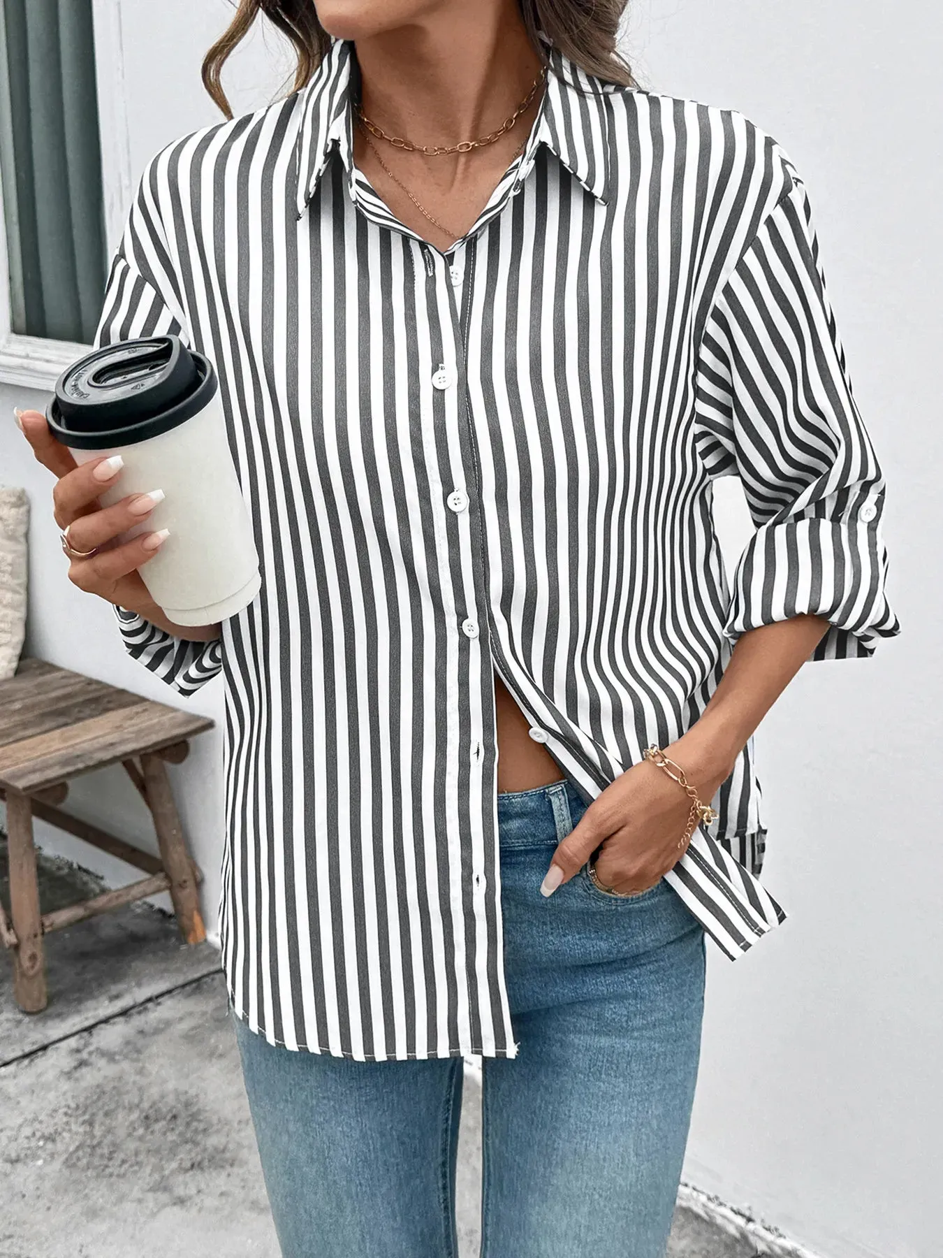 Striped Oversized Button-Up Shirt sold by Charming Charlie product image thumbnail 4