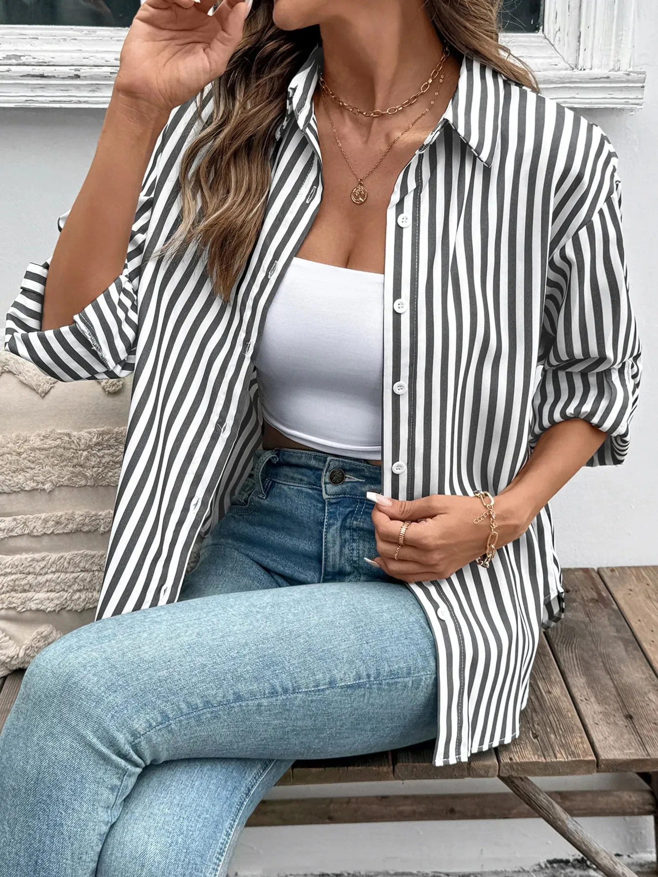Striped Oversized Button-Up Shirt sold by Charming Charlie product image thumbnail 5