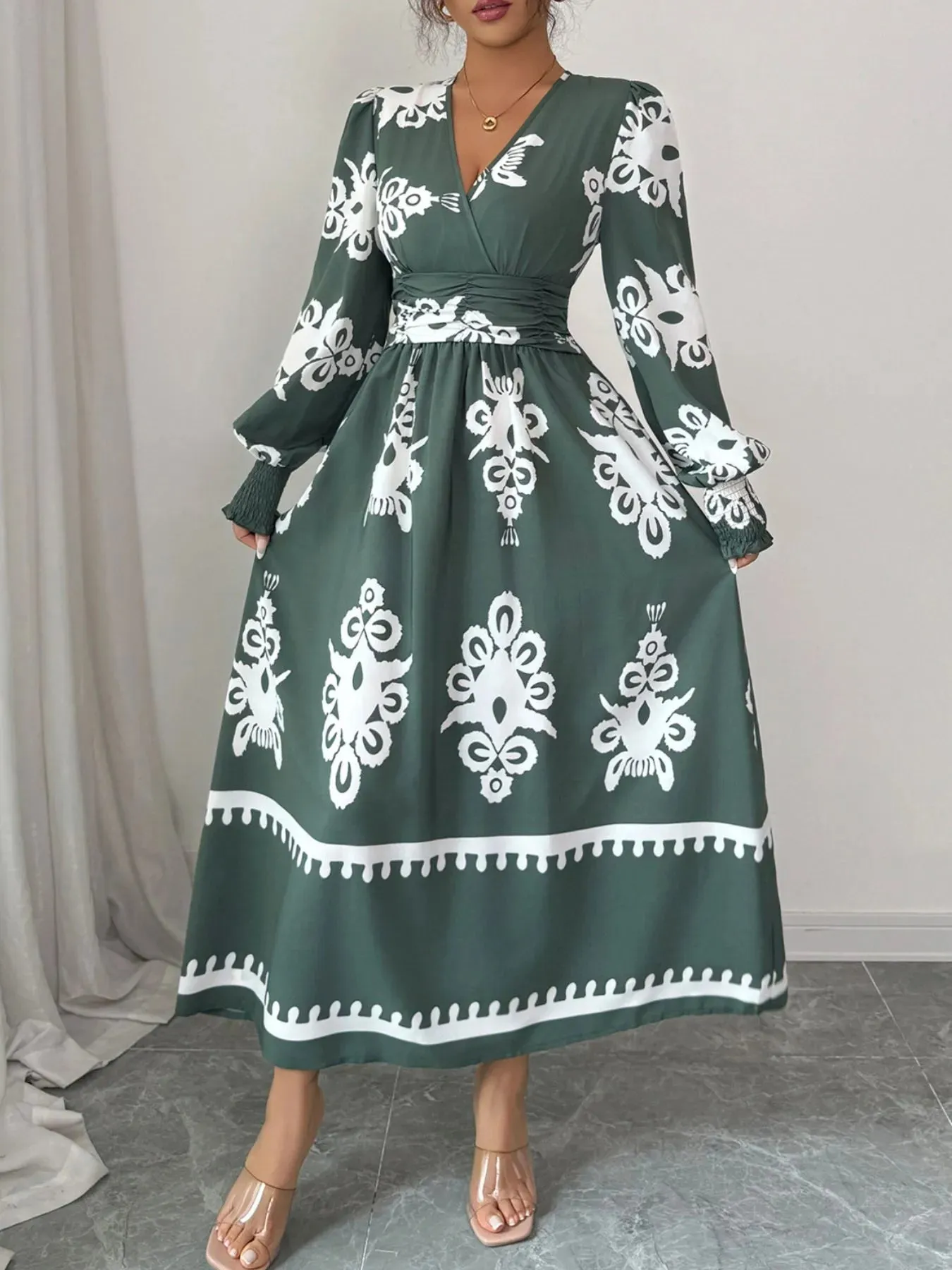 Printed Surplice Lantern Sleeve Dress sold by Charming Charlie product image thumbnail 2