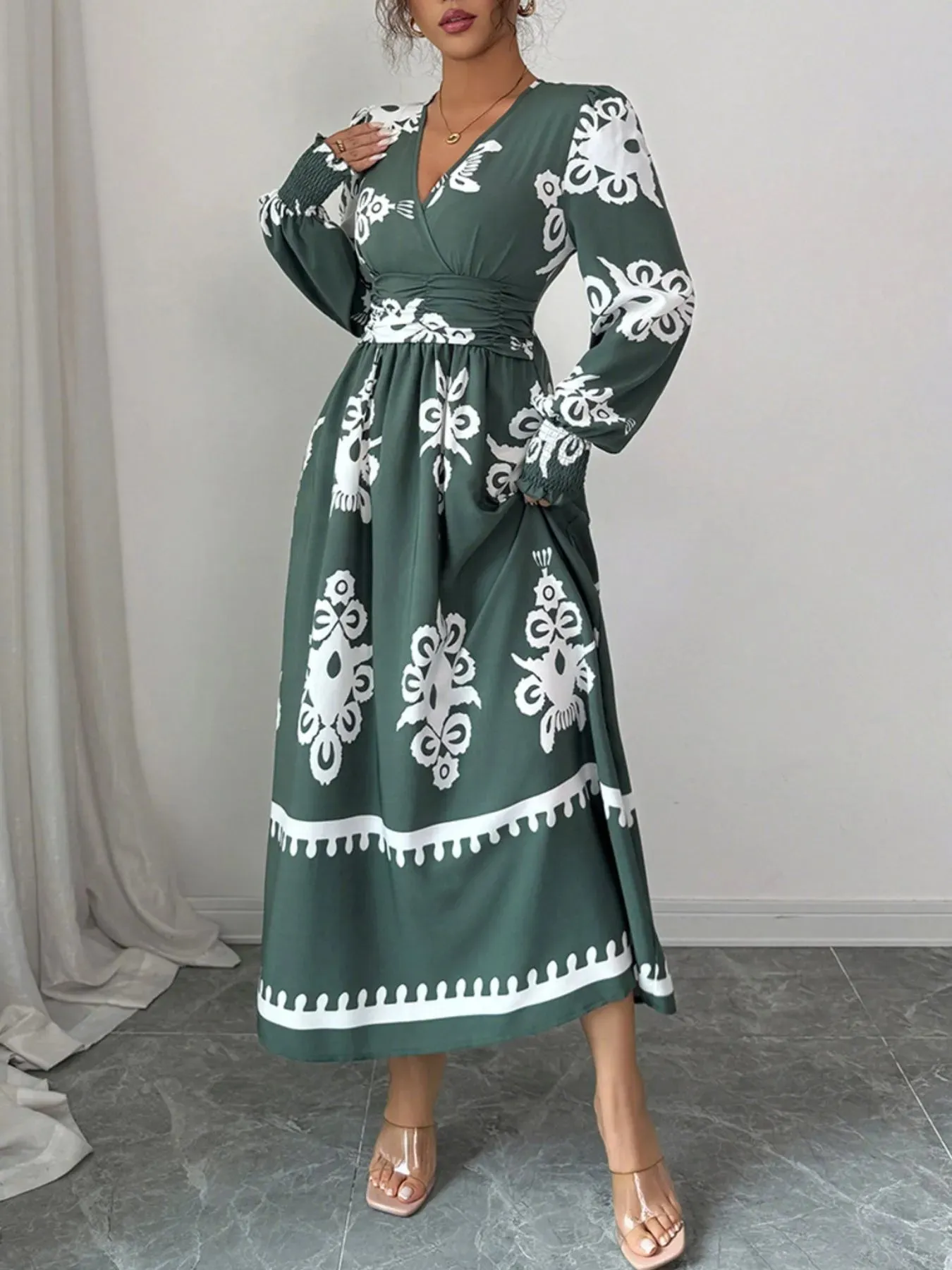 Printed Surplice Lantern Sleeve Dress sold by Charming Charlie product image thumbnail 3