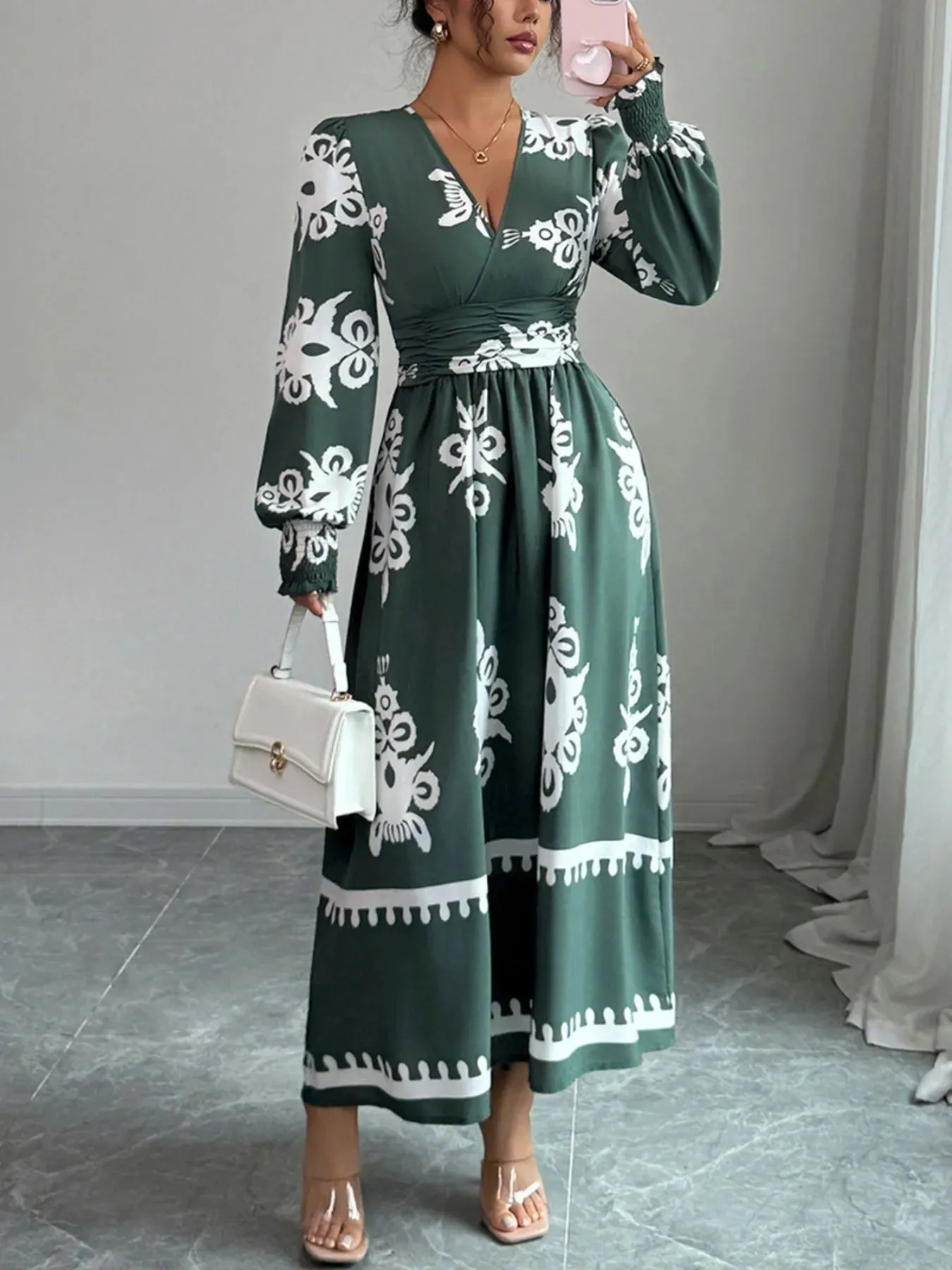 Printed Surplice Lantern Sleeve Dress sold by Charming Charlie product image thumbnail 4