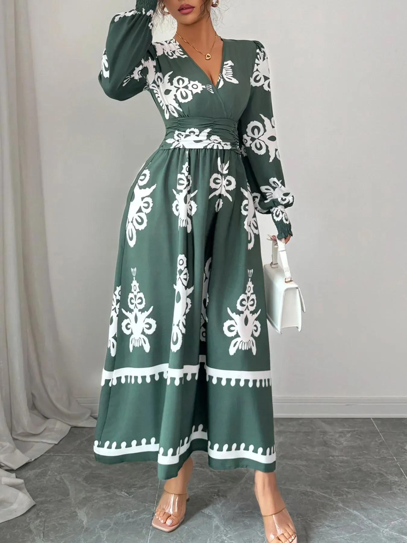 Printed Surplice Lantern Sleeve Dress sold by Charming Charlie