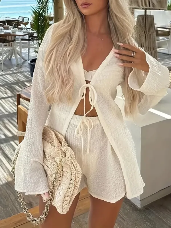 Tie Front Long Sleeve Top and Shorts Set sold by Charming Charlie