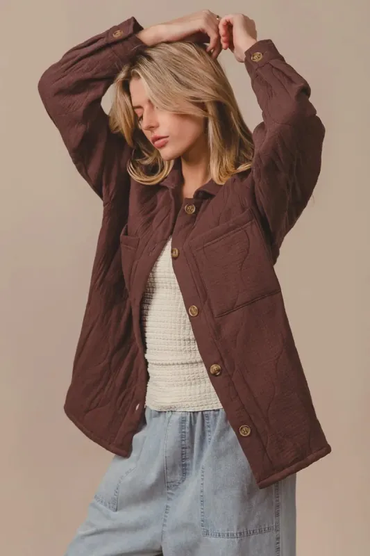 BiBi Quilted Wrinkle Gauze Long Sleeve Shacket made by Trendsi