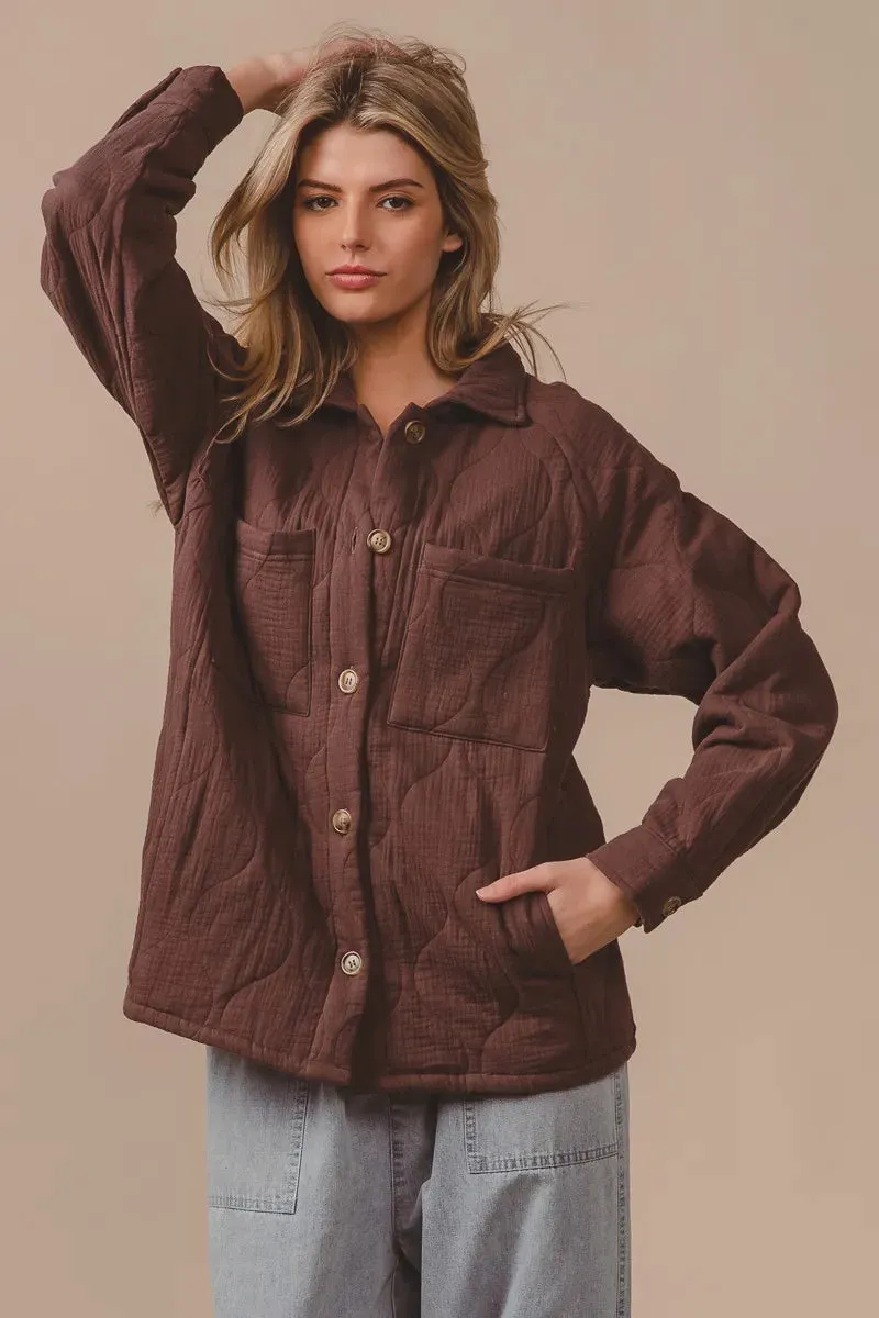 BiBi Quilted Wrinkle Gauze Long Sleeve Shacket sold by Charming Charlie product image thumbnail 5