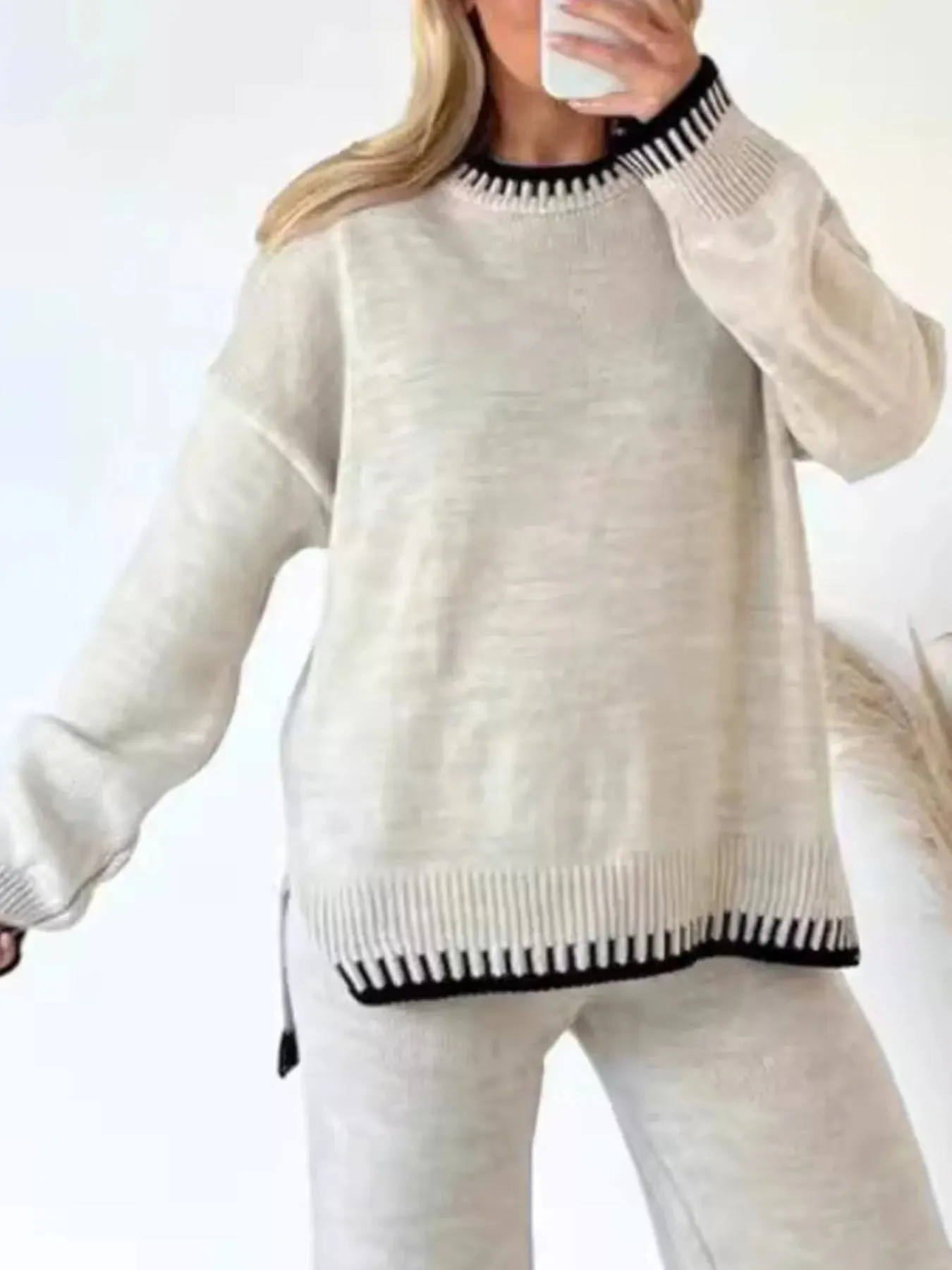 Contrast Trim Round Neck Top and Pants Sweater Set sold by Charming Charlie product image thumbnail 5