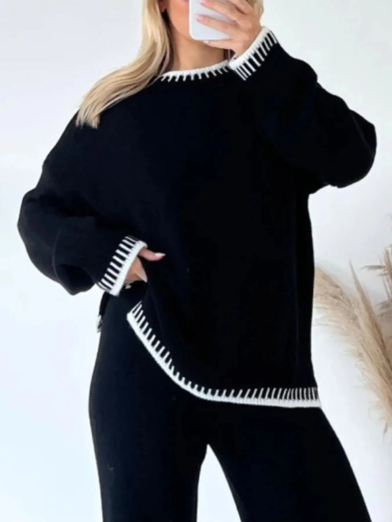 Contrast Trim Round Neck Top and Pants Sweater Set sold by Charming Charlie product image thumbnail 2