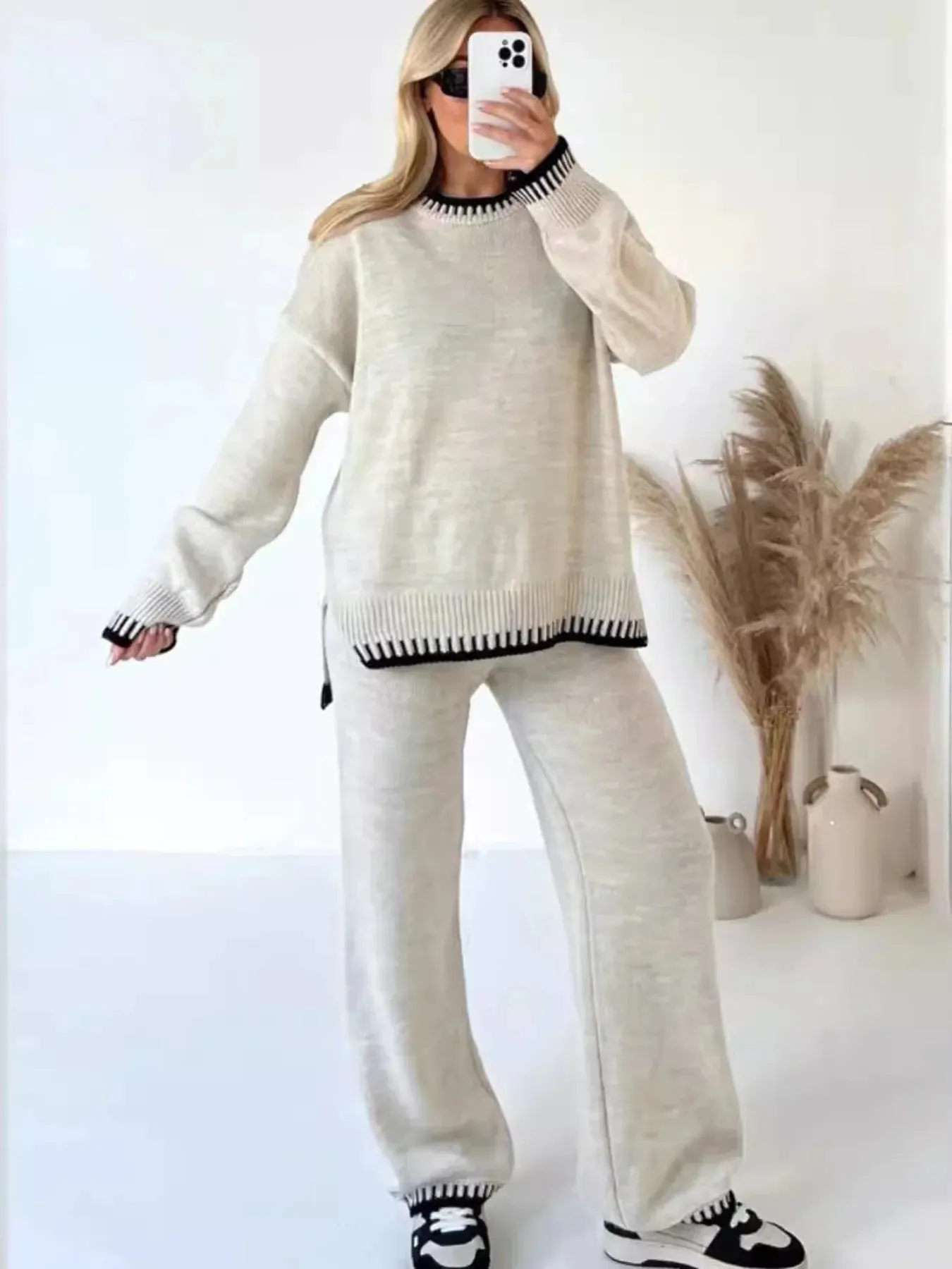 Contrast Trim Round Neck Top and Pants Sweater Set sold by Charming Charlie product image thumbnail 4