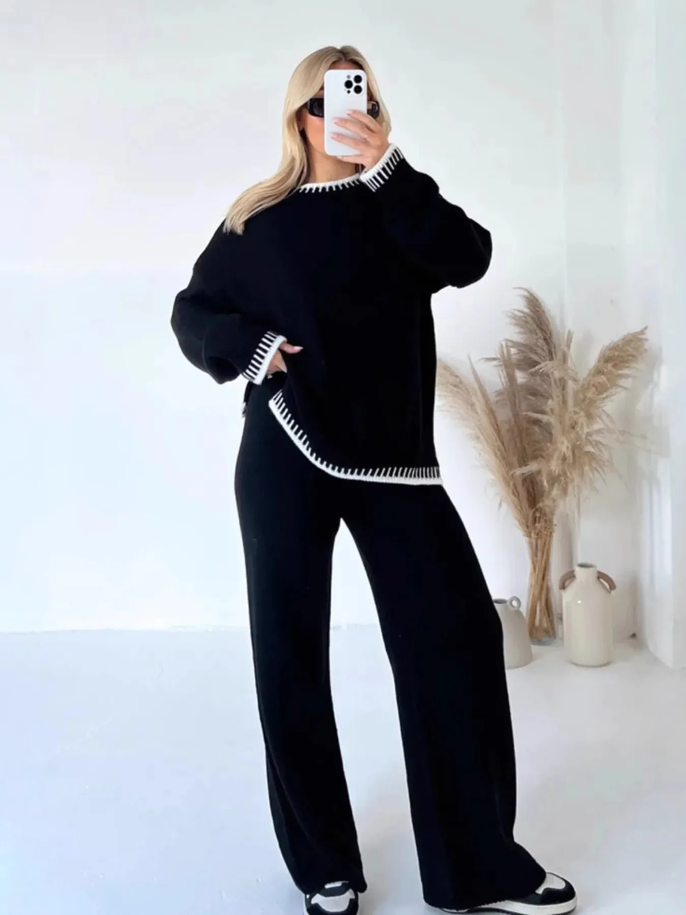 Contrast Trim Round Neck Top and Pants Sweater Set sold by Charming Charlie