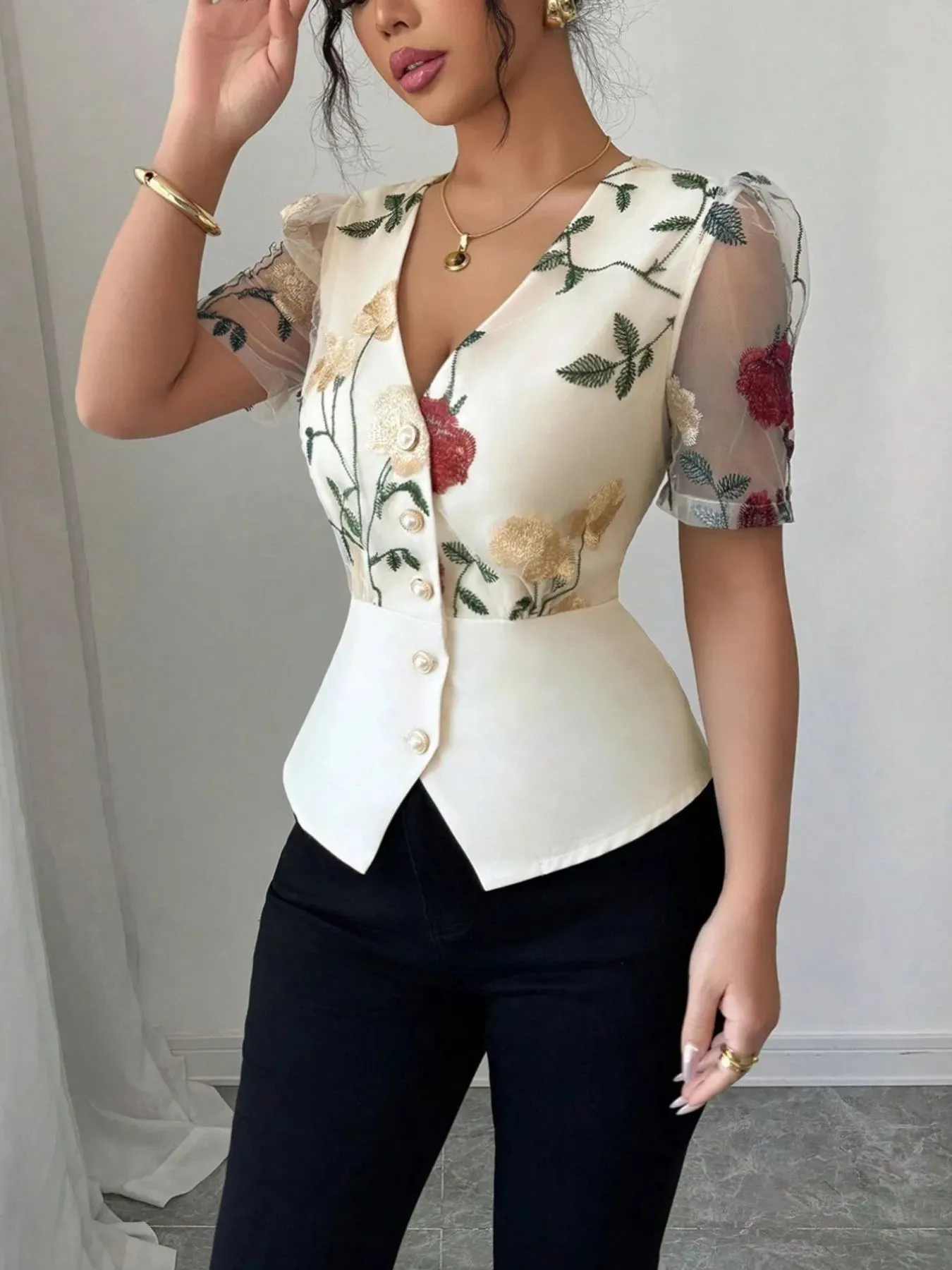 Floral Print V-Neck Button-Up Shirt sold by Charming Charlie product image thumbnail 3