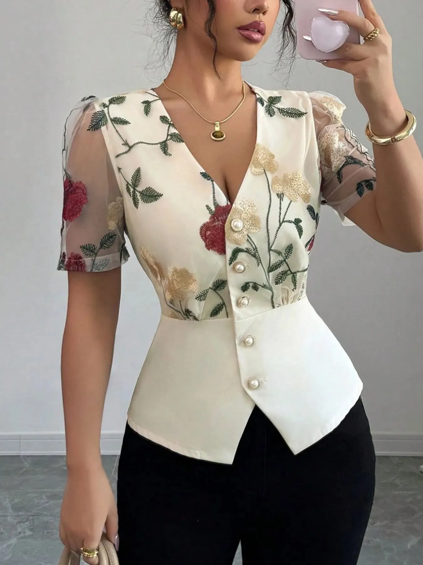 Floral Print V-Neck Button-Up Shirt sold by Charming Charlie product image thumbnail 4