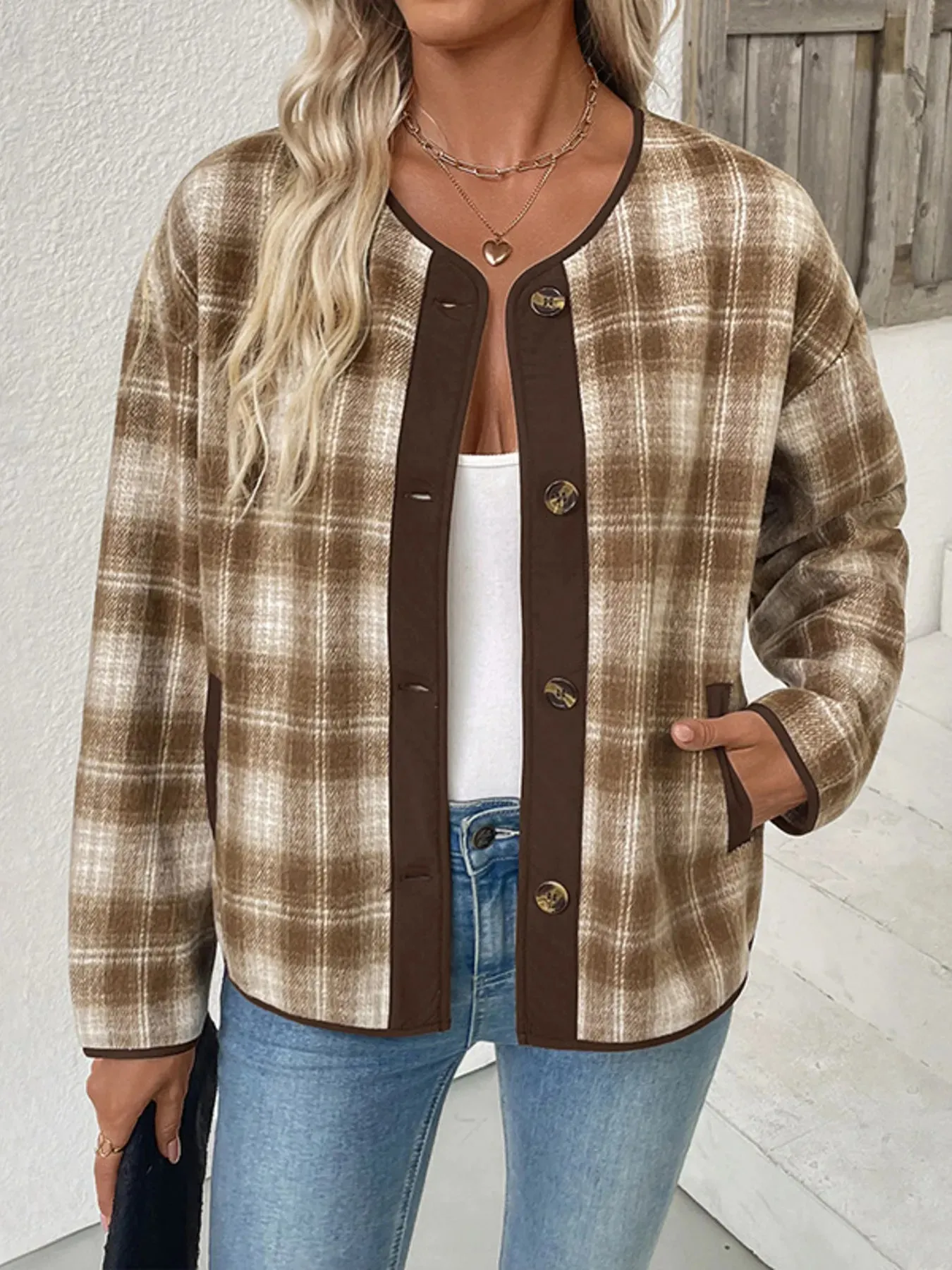 Plaid Long Sleeve Button-Up Jacket sold by Charming Charlie product image thumbnail 2
