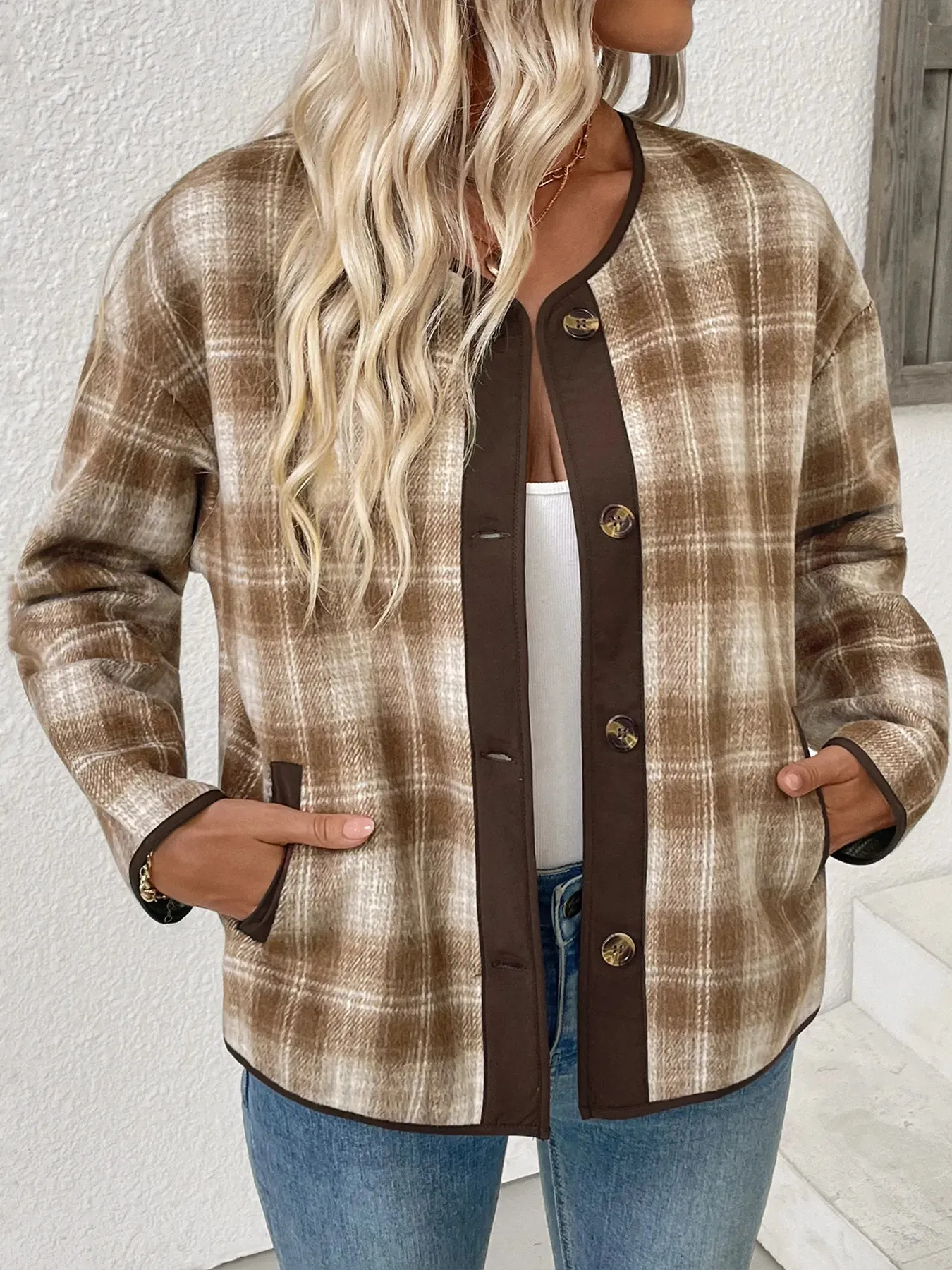 Plaid Long Sleeve Button-Up Jacket sold by Charming Charlie product image thumbnail 4