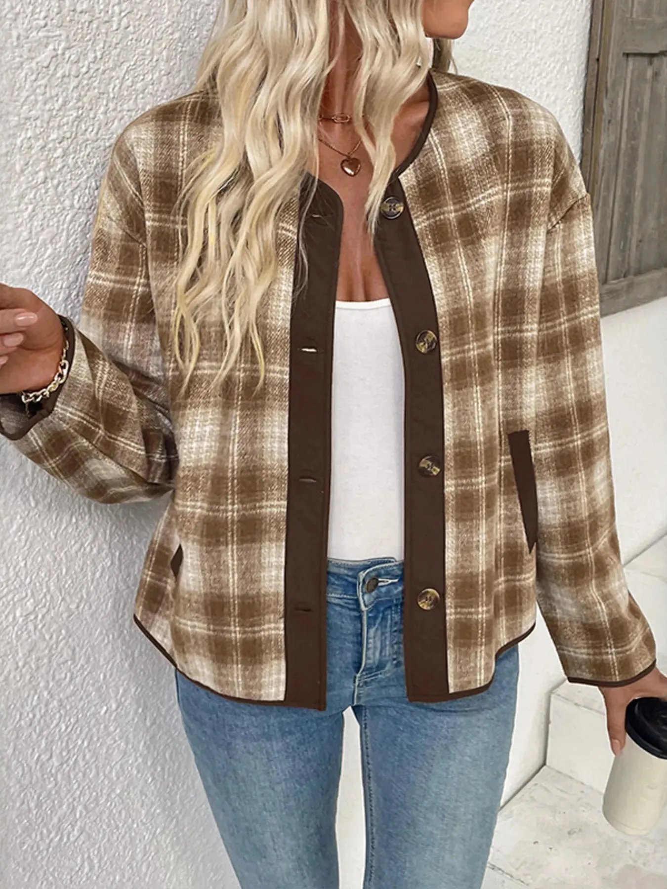 Plaid Long Sleeve Button-Up Jacket sold by Charming Charlie product image thumbnail 3