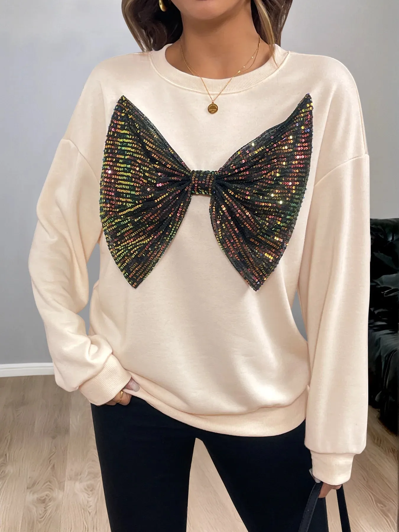 Sequined Bow Round Neck Sweatshirt sold by Charming Charlie product image thumbnail 2