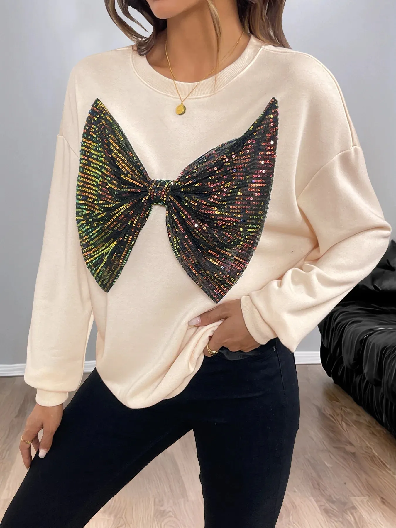 Sequined Bow Round Neck Sweatshirt sold by Charming Charlie product image thumbnail 3