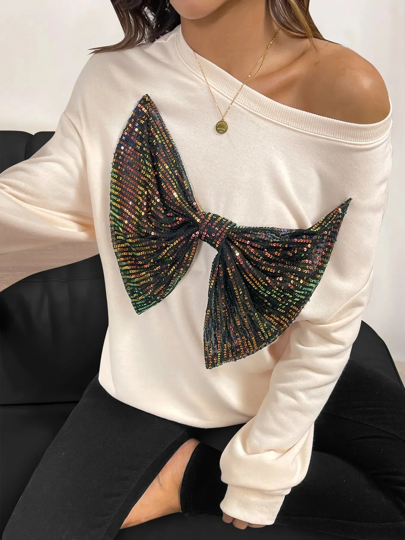 Sequined Bow Round Neck Sweatshirt sold by Charming Charlie product image thumbnail 4