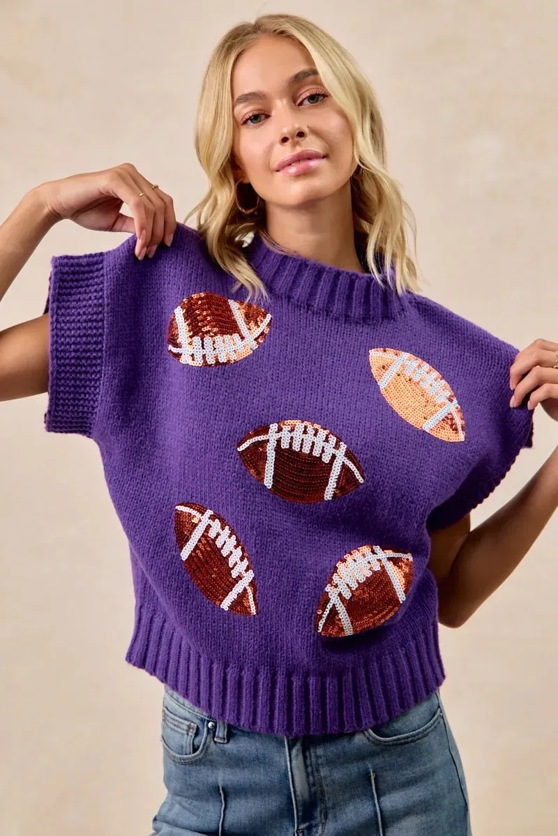 BiBi Gameday Sequin Football Patches Rib Banded Sweater sold by Charming Charlie