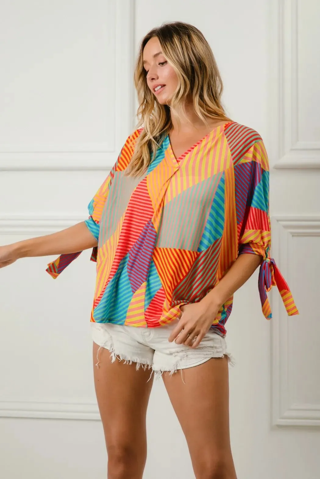 BiBi Multi Stripe Block Printed Jersey Blouse with Tied Sleeves sold by Charming Charlie product image thumbnail 4