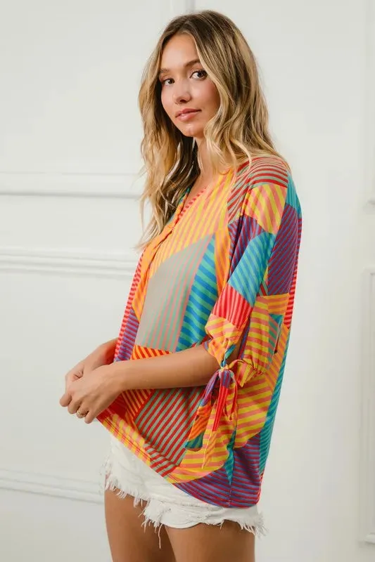 BiBi Multi Stripe Block Printed Jersey Blouse with Tied Sleeves sold by Charming Charlie product image thumbnail 5