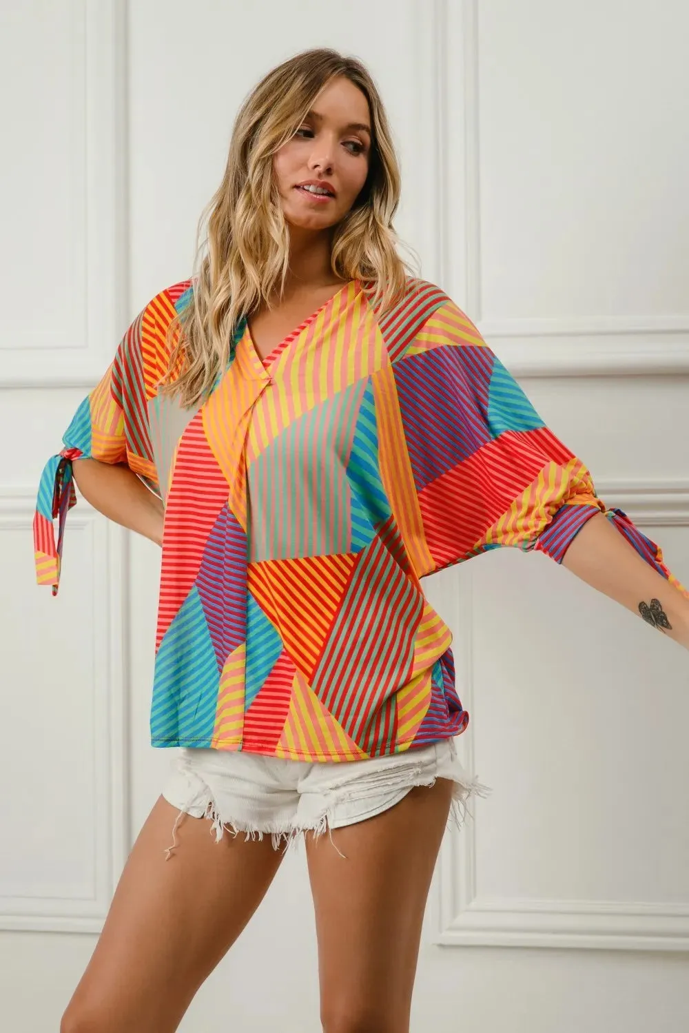 BiBi Multi Stripe Block Printed Jersey Blouse with Tied Sleeves sold by Charming Charlie product image thumbnail 2
