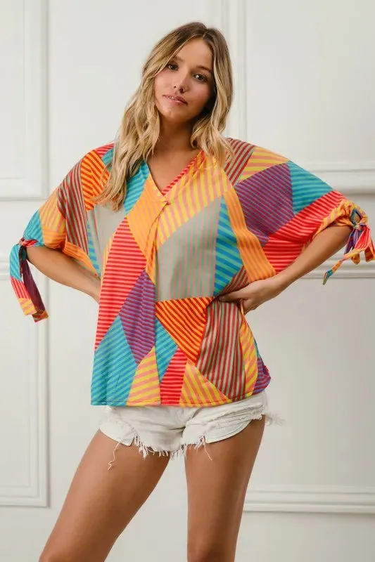 BiBi Multi Stripe Block Printed Jersey Blouse with Tied Sleeves sold by Charming Charlie product image thumbnail 3