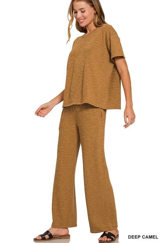Zenana Slub Short Sleeve T-Shirt and Pants Set sold by Charming Charlie