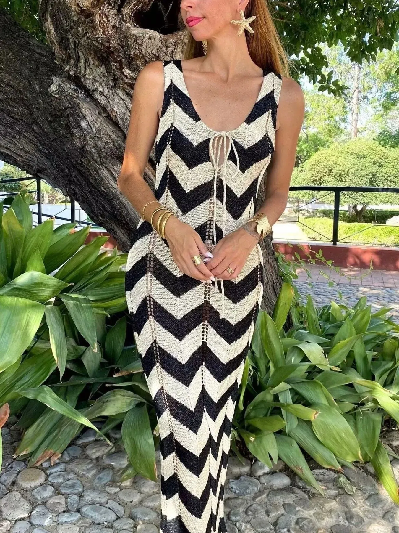 Tie Front Chevron Striped Maxi Dress sold by Charming Charlie