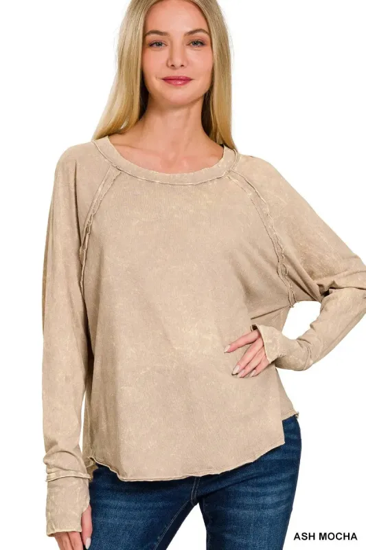 Zenana Crinkle Washed Thumb Hole Cuffs Long Sleeve Top made by Trendsi