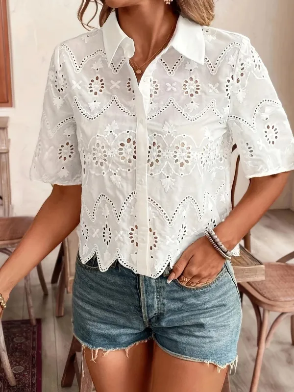 Eyelet Lace Short Sleeve Button-Up Shirt sold by Charming Charlie