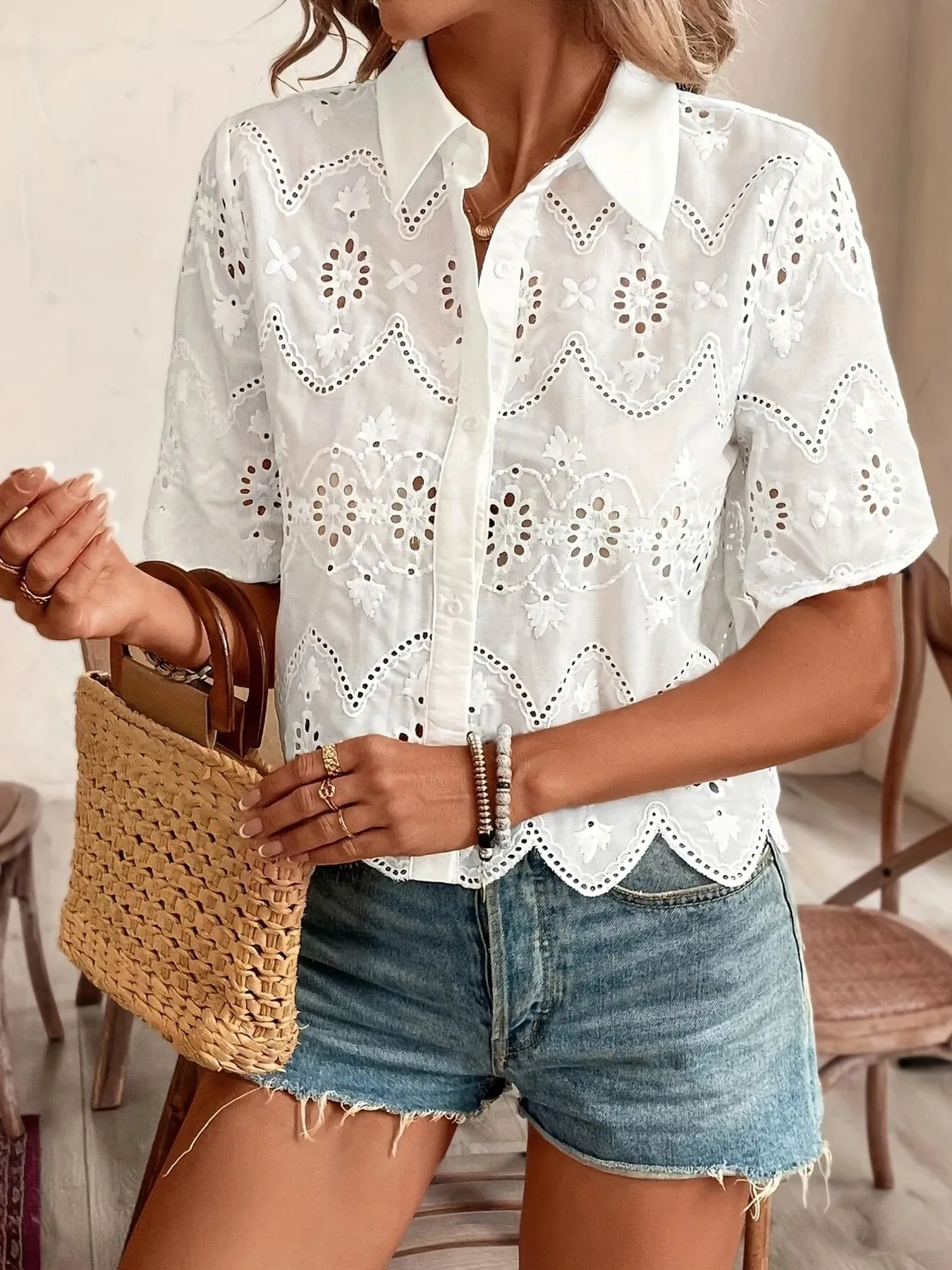 Eyelet Lace Short Sleeve Button-Up Shirt sold by Charming Charlie product image thumbnail 3