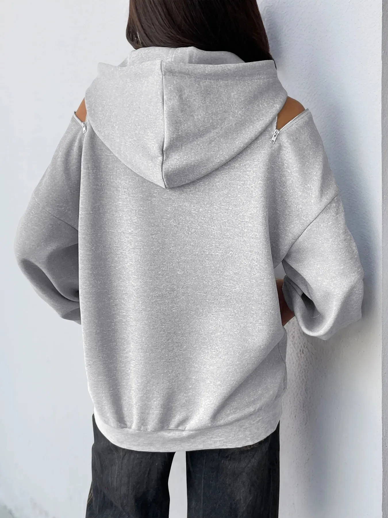 Drawstring Zip Detail Cold Shoulder Hoodie sold by Charming Charlie product image thumbnail 4