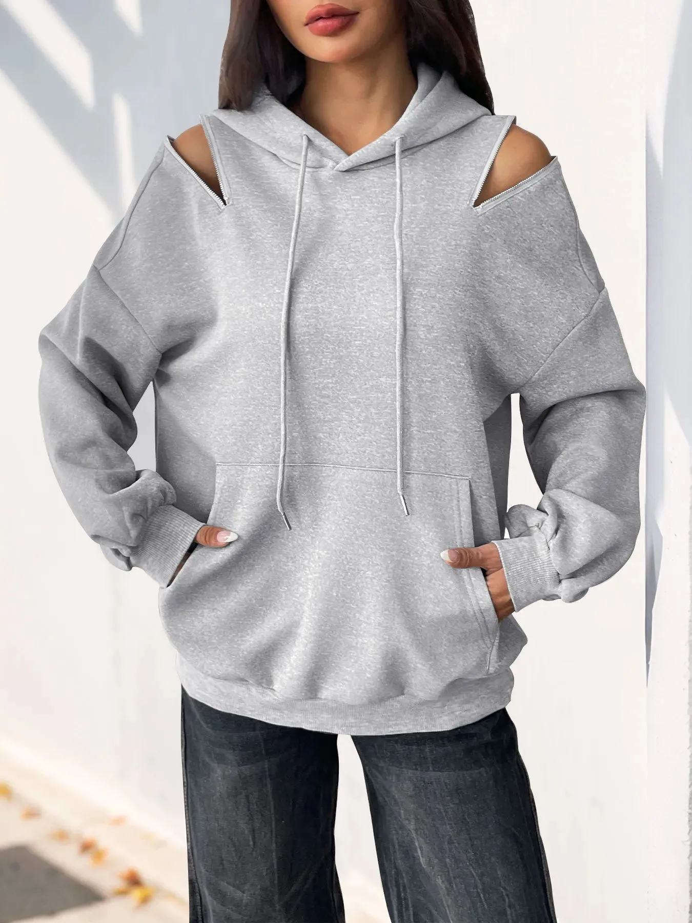 Drawstring Zip Detail Cold Shoulder Hoodie sold by Charming Charlie product image thumbnail 2