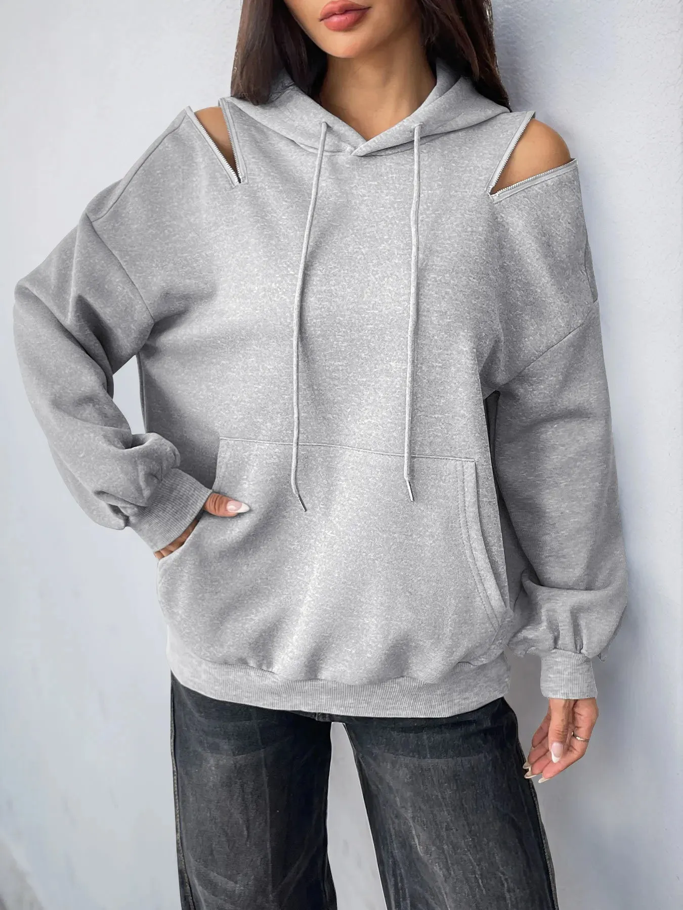Drawstring Zip Detail Cold Shoulder Hoodie sold by Charming Charlie