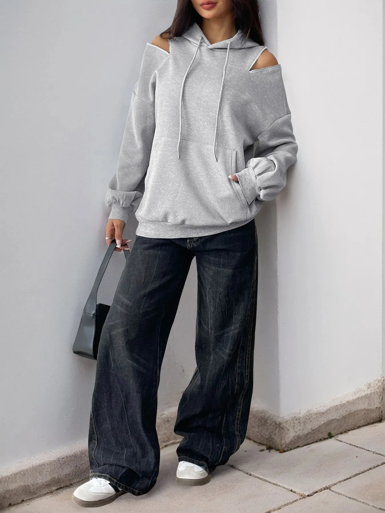 Drawstring Zip Detail Cold Shoulder Hoodie sold by Charming Charlie product image thumbnail 5