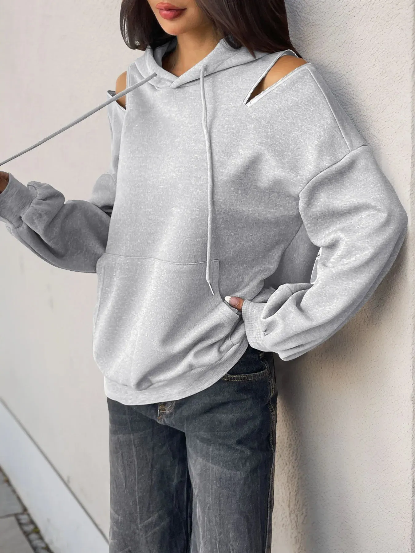 Drawstring Zip Detail Cold Shoulder Hoodie sold by Charming Charlie product image thumbnail 3