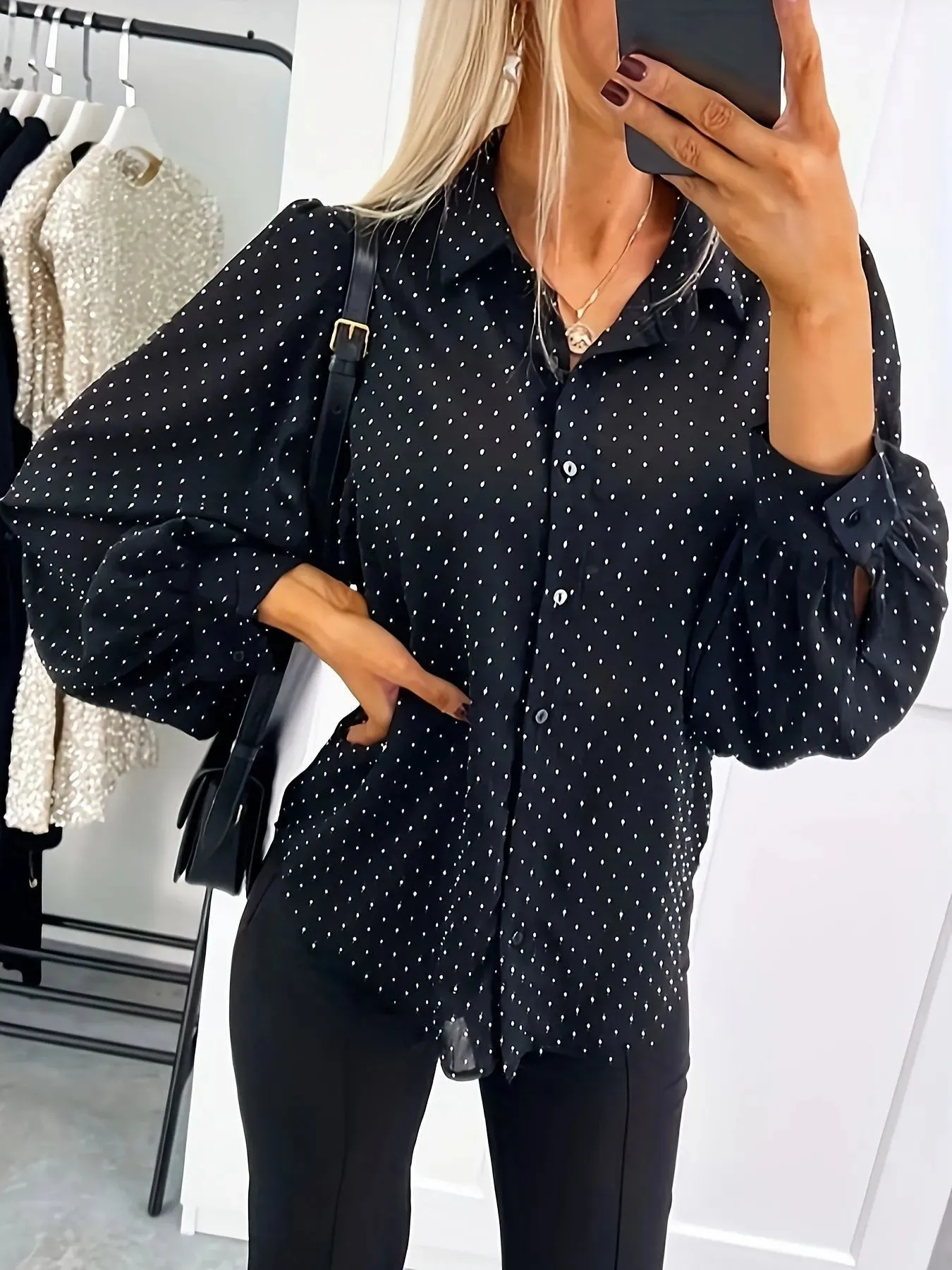 Polka Dot Oversized Button-Up Shirt sold by Charming Charlie