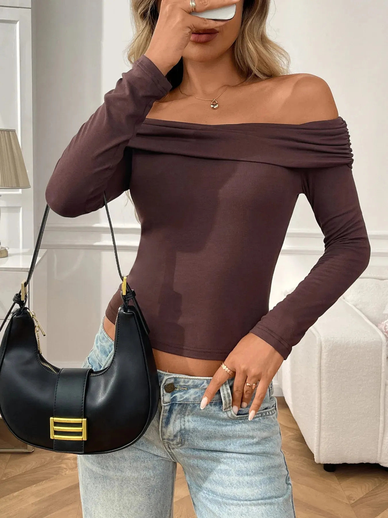 Off-Shoulder Long Sleeve Fitted T-Shirt sold by Charming Charlie product image thumbnail 3
