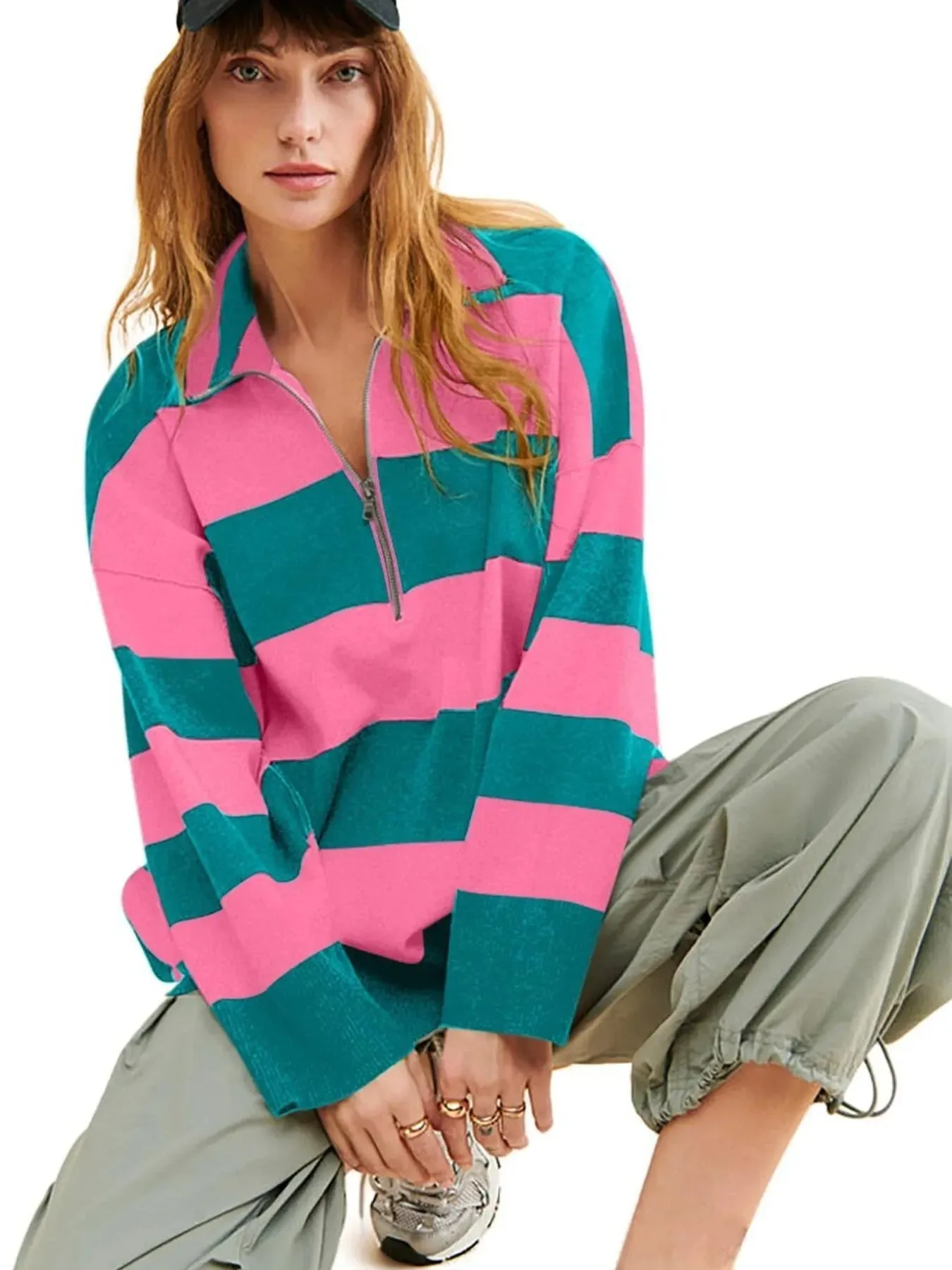 Striped Half-Zip Oversized Sweatshirt sold by Charming Charlie product image thumbnail 3