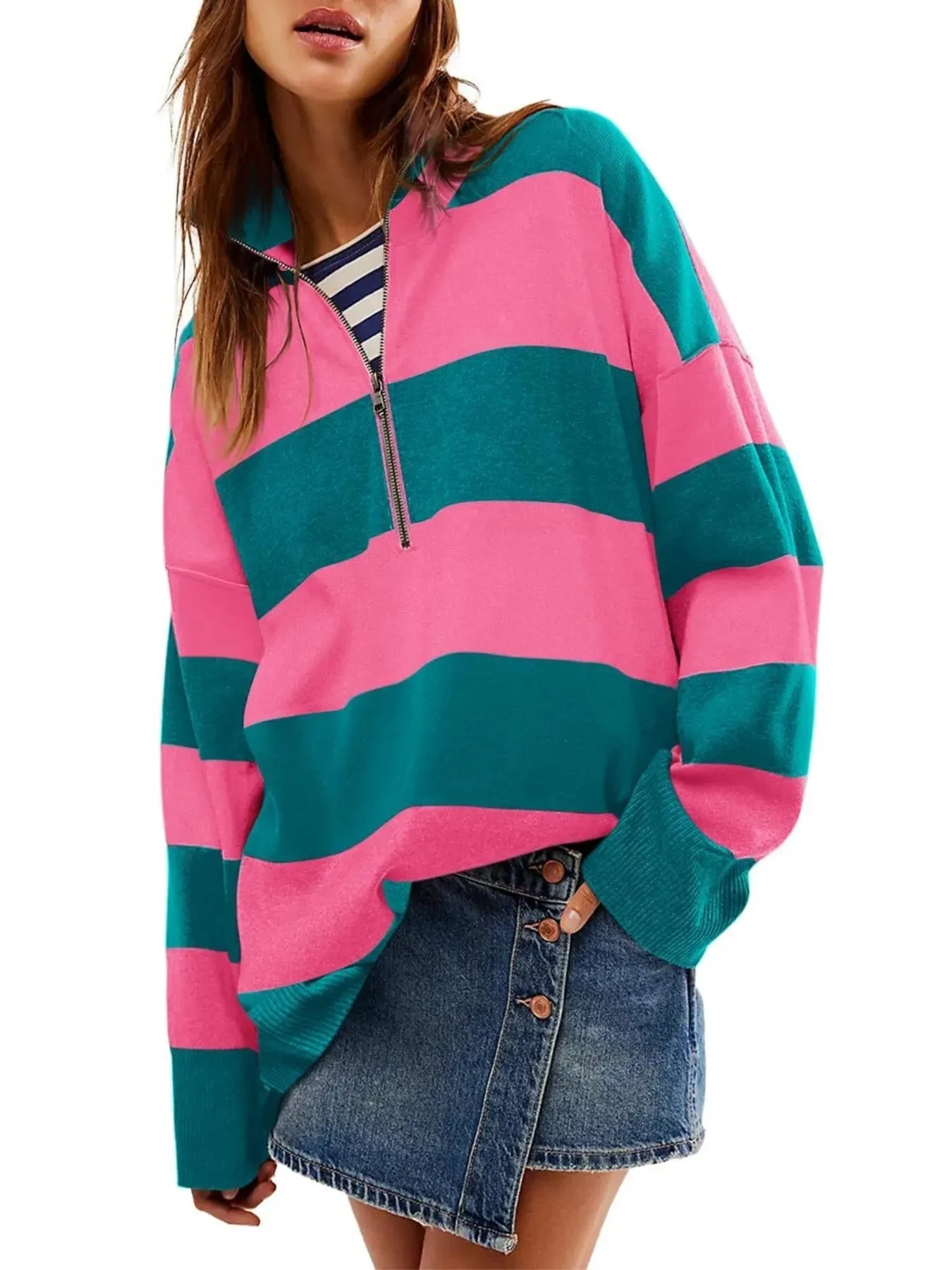 Striped Half-Zip Oversized Sweatshirt sold by Charming Charlie product image thumbnail 4