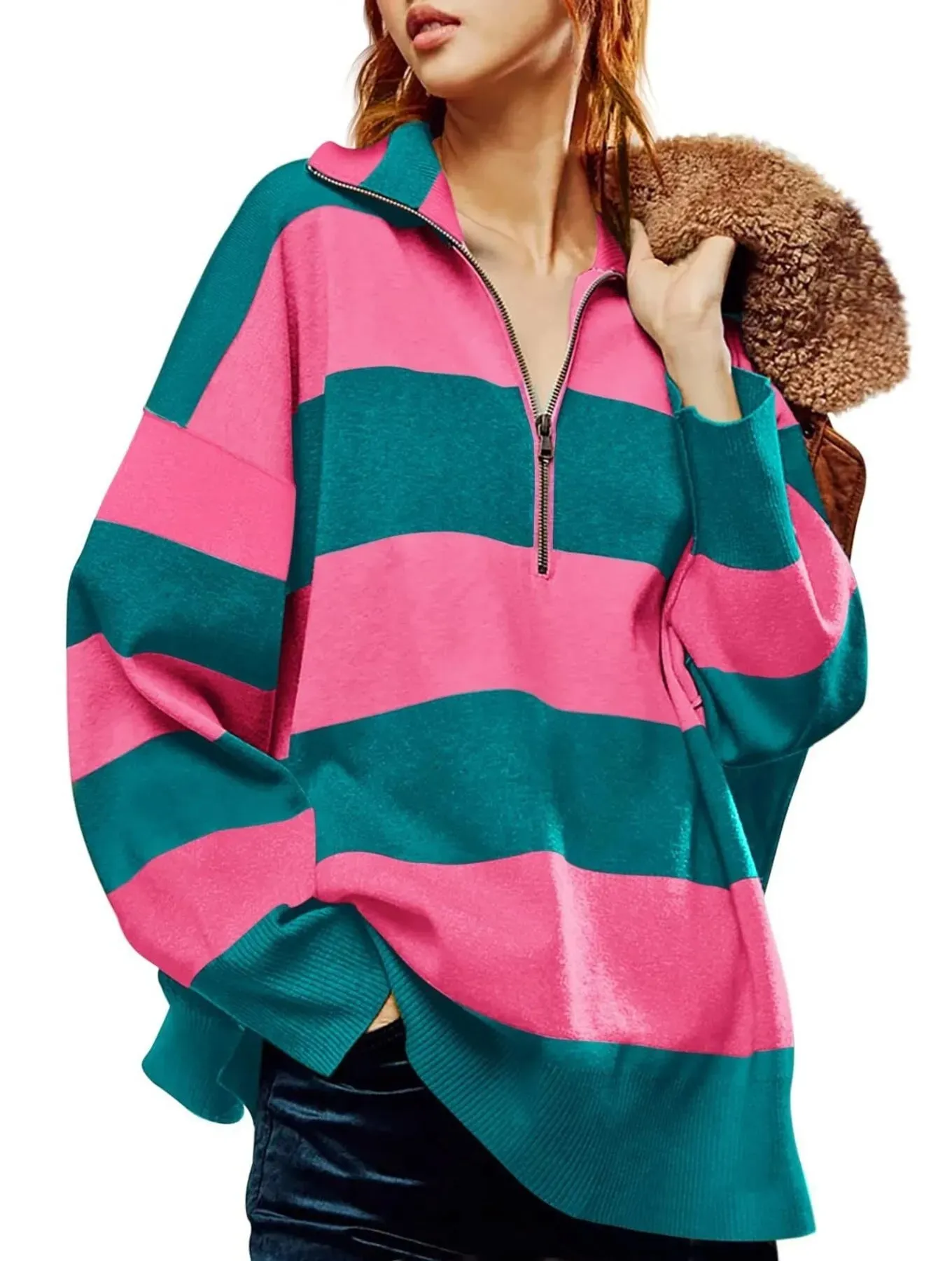 Striped Half-Zip Oversized Sweatshirt sold by Charming Charlie