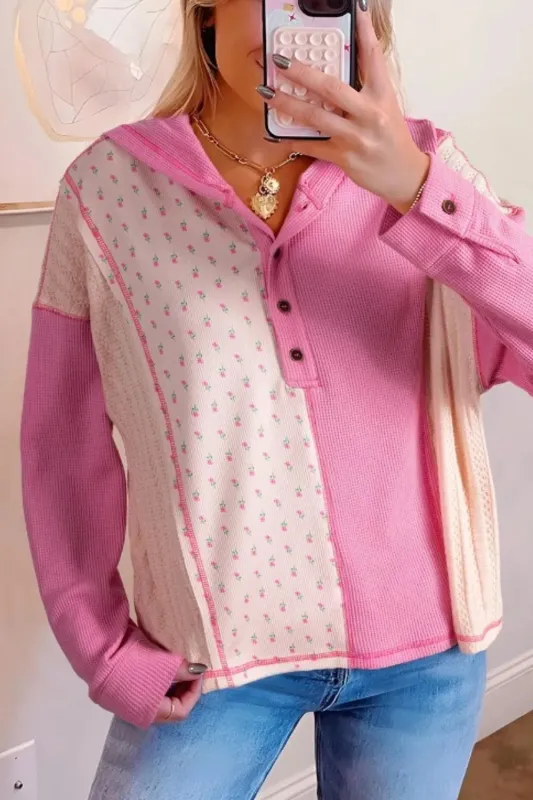 Color Block Button Detail Hoodie sold by Charming Charlie